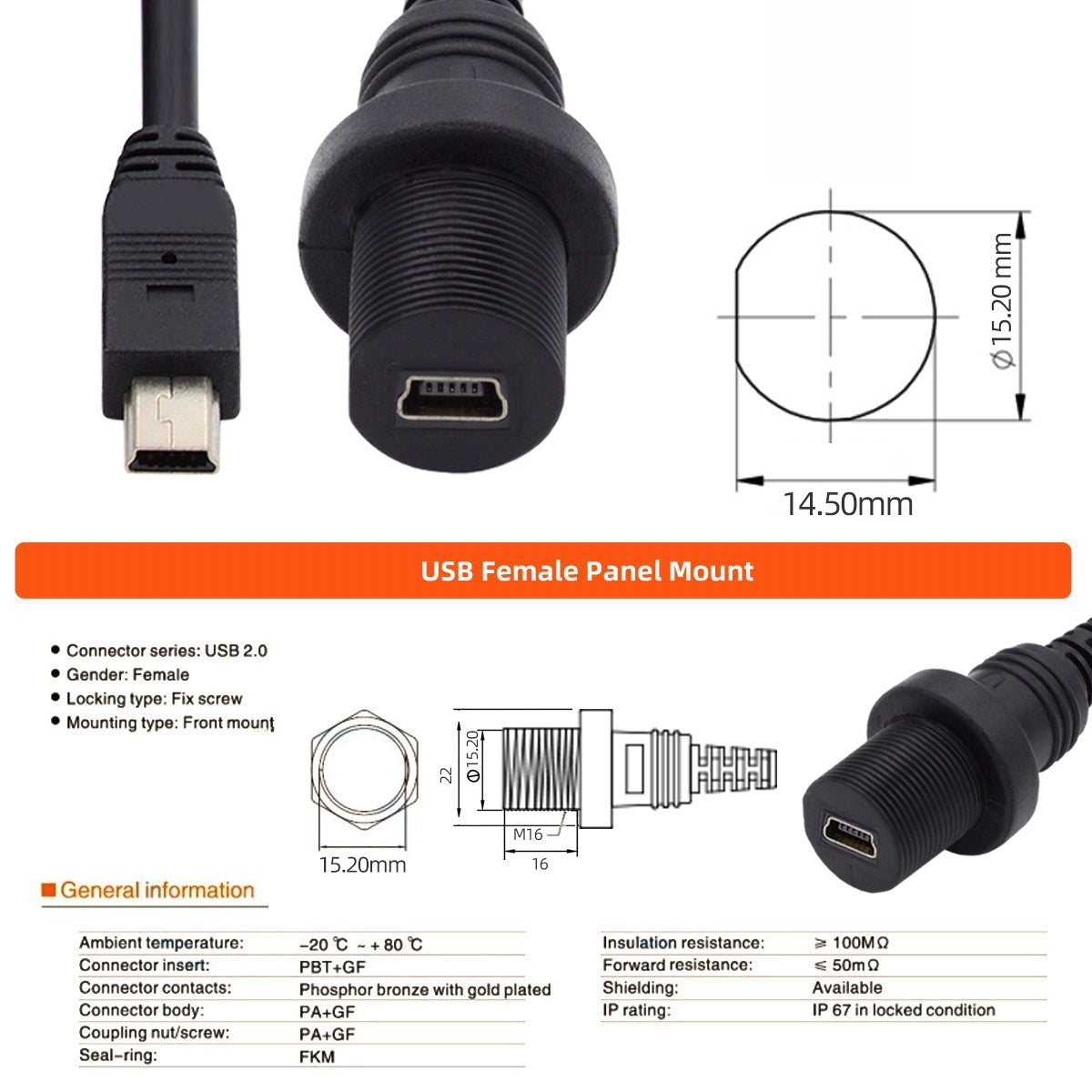 U2-015-1.0M 1m Waterproof Dustproof 480Mbps Mini USB2.0 5Pin Male to Female Extension Cord Data Power Cable