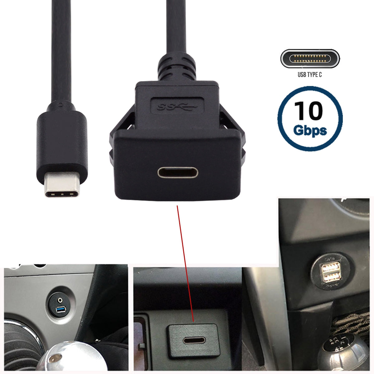UC-021-1.0M 1m Waterproof USB-C Type-C USB 3.1 10Gbps Extension Flush Car Latch Mount Extension Cable for Dashboard Panel