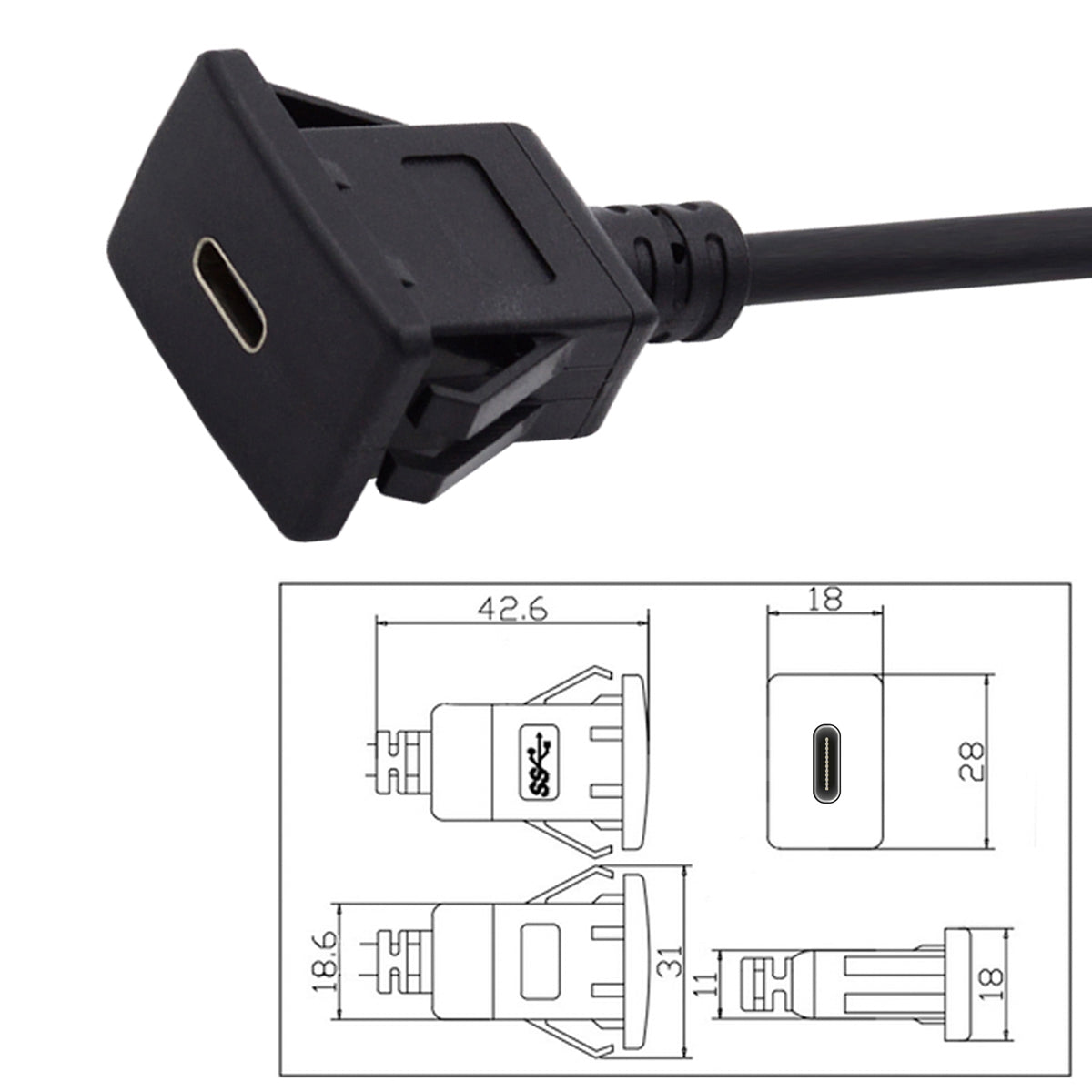 UC-021-1.0M 1m Waterproof USB-C Type-C USB 3.1 10Gbps Extension Flush Car Latch Mount Extension Cable for Dashboard Panel