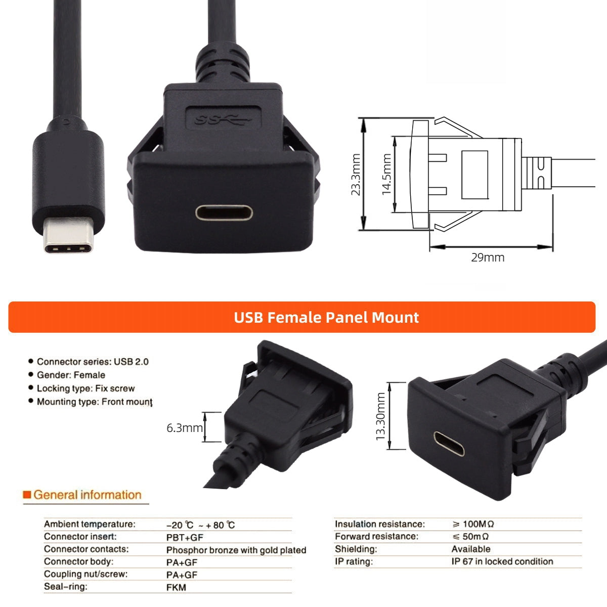 UC-021-1.0M 1m Waterproof USB-C Type-C USB 3.1 10Gbps Extension Flush Car Latch Mount Extension Cable for Dashboard Panel