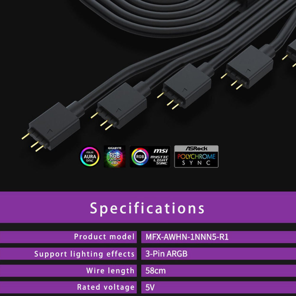 Coolermaster 5-in-1 ARGB Cable RGB Connection Cord 58cm 5V 3Pin Adapter Cable for Cooling Fans, LED Strips