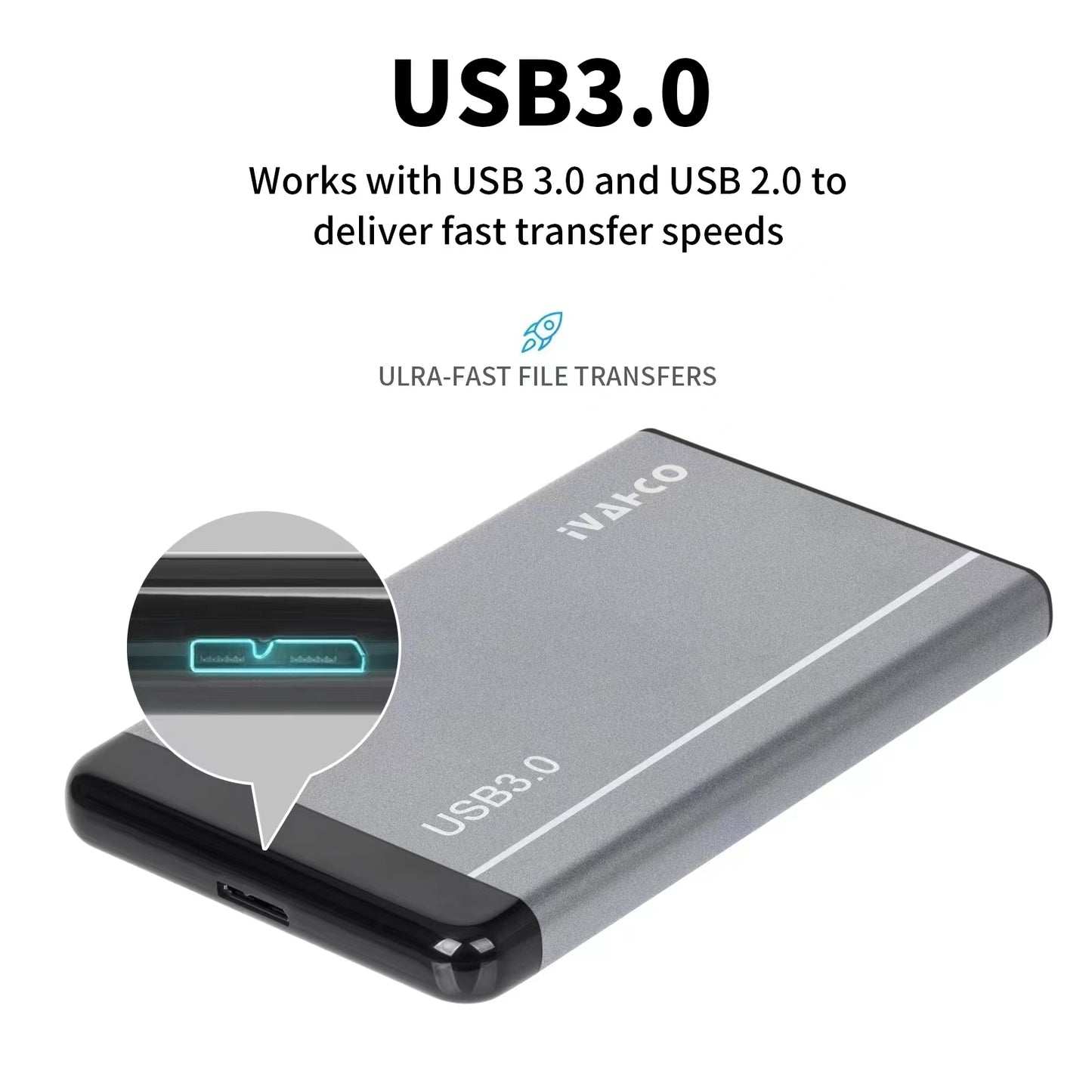 IVAHCO 750GB Matte Hard Drive Box 2.5&quot; HDD External Case USB3.0 Hard Disk Enclosure with Data Cable - Silver