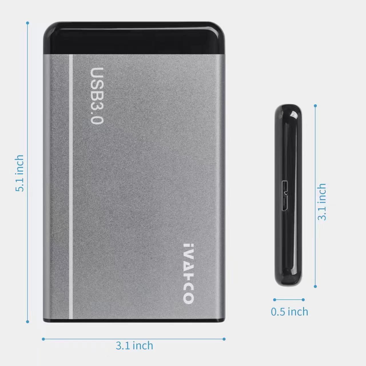 IVAHCO 750GB Matte Hard Drive Box 2.5&quot; HDD External Case USB3.0 Hard Disk Enclosure with Data Cable - Silver