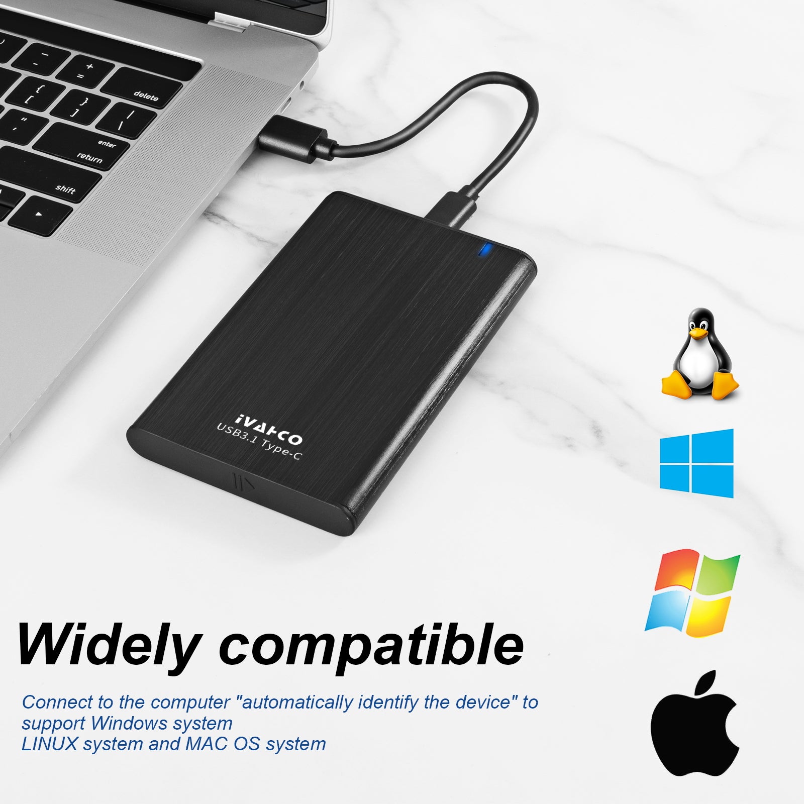 IVAHCO 500GB Type-C USB3.1 2.5" HDD External Case Brushed Metal Solid State Drive Enclosure with Indicator - Black
