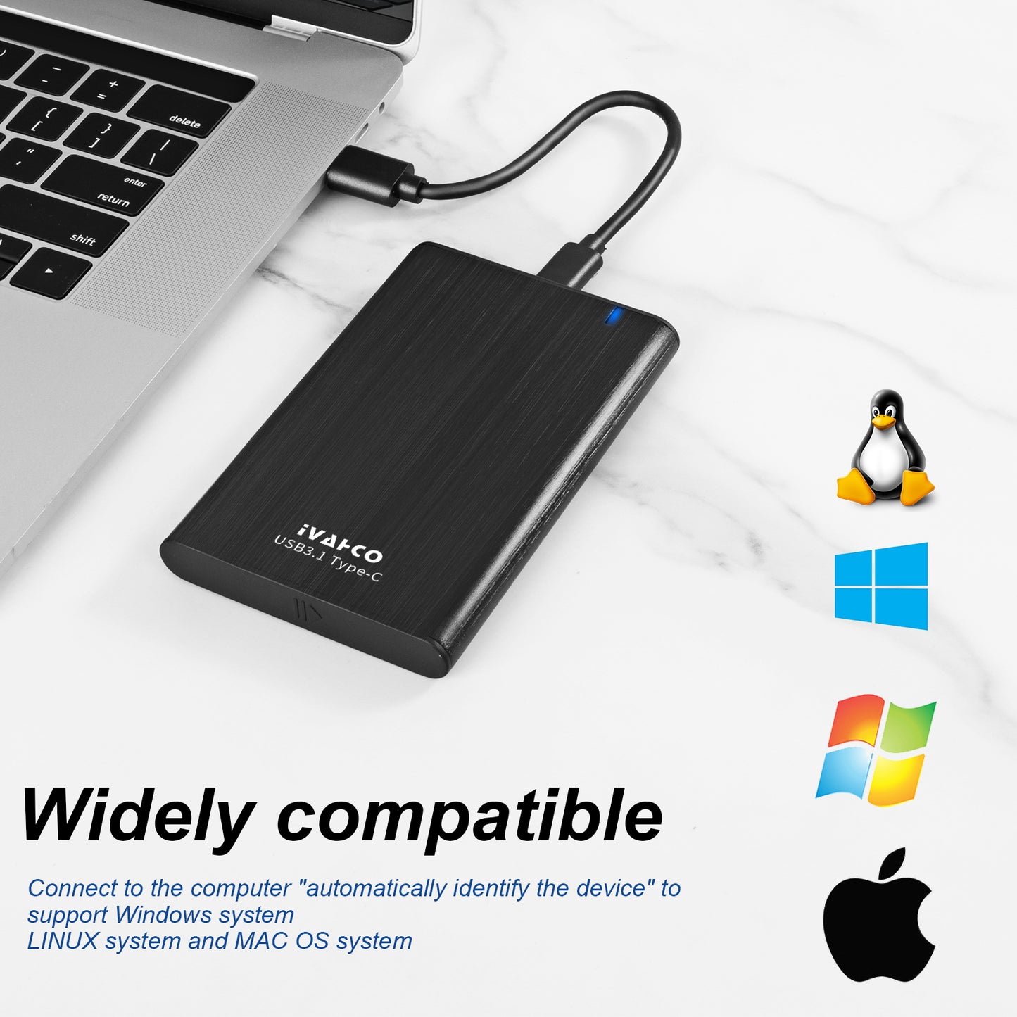 IVAHCO 500GB Type-C USB3.1 2.5&quot; HDD External Case Brushed Metal Solid State Drive Enclosure with Indicator - Silver