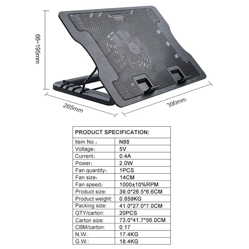 N88 Laptop Cooling Stand Desktop Height Adjustable Notebook Fan Cooler with LED Light