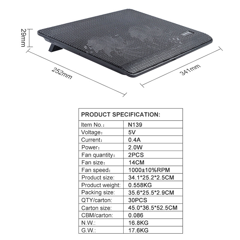N139 Height Adjustable Laptop Cooling Stand Desktop Notebook Dual Fan Cooler Pad with LED Light