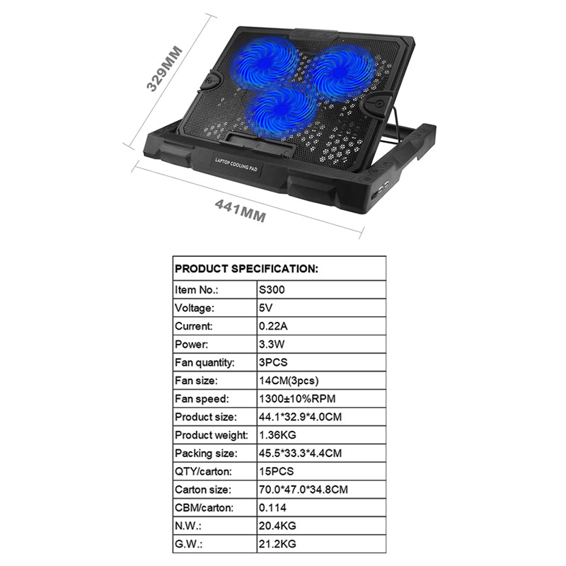 S300 3-Fan Laptop Cooling Stand Desktop Adjustable Wind Speed Notebook Fan Cooler - Red Light
