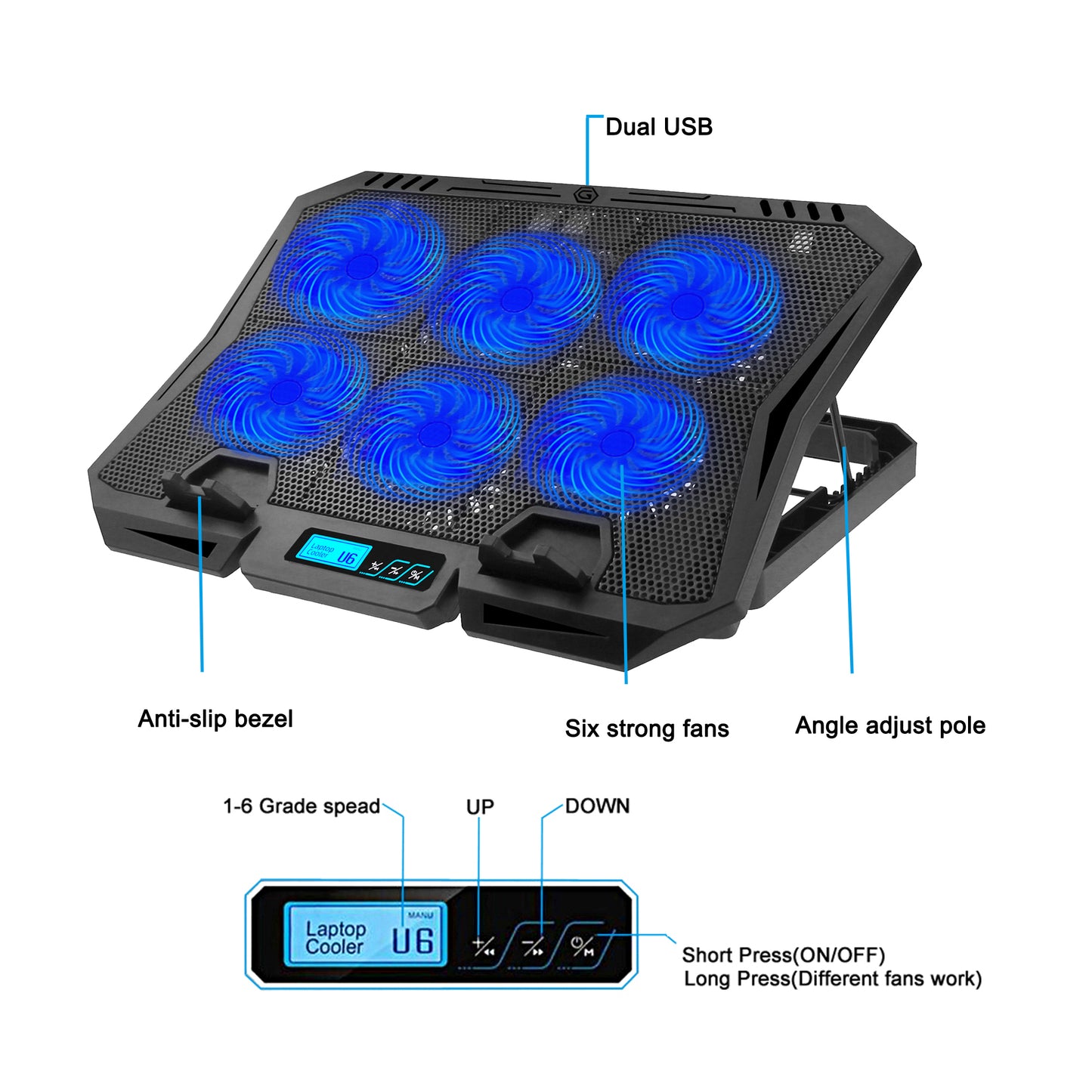 X6A 7-Gear Height Laptop Cooling Pad 6-Fan Radiator Notebook Cooler Stand with Display Screen - Red Light