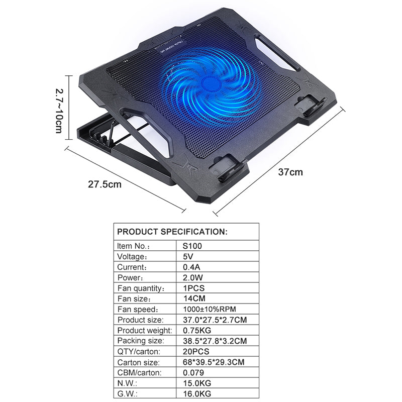 S100 Height Adjustable Notebook Gaming Fan Cooler Desktop Laptop Stand Cooling Pad - Red Light