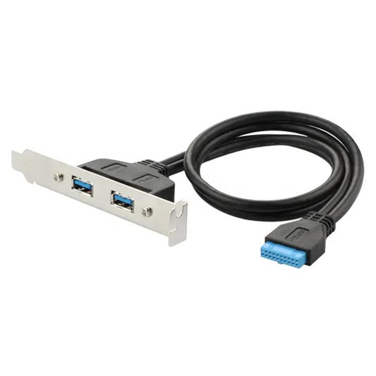 50cm 2 Ports USB 3.0 Female Back Panel to Motherboard 20-pin Header Connector Cable with PCI Slot Plate Bracket - Black