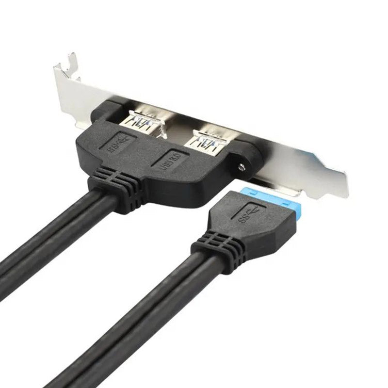 50cm 2 Ports USB 3.0 Female Back Panel to Motherboard 20-pin Header Connector Cable with PCI Slot Plate Bracket - Black