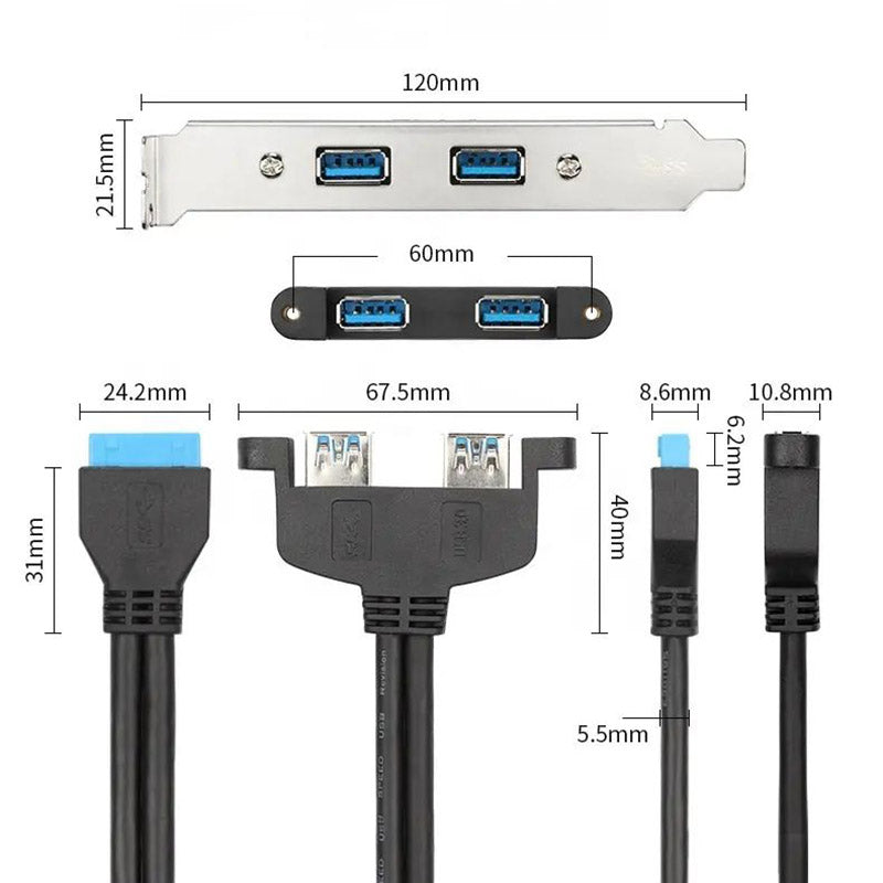 50cm 2 Ports USB 3.0 Female Back Panel to Motherboard 20-pin Header Connector Cable with PCI Slot Plate Bracket - Black