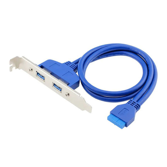 50cm 2 Ports USB 3.0 Female Back Panel to Motherboard 20-pin Header Connector Cable with PCI Slot Plate Bracket - Blue