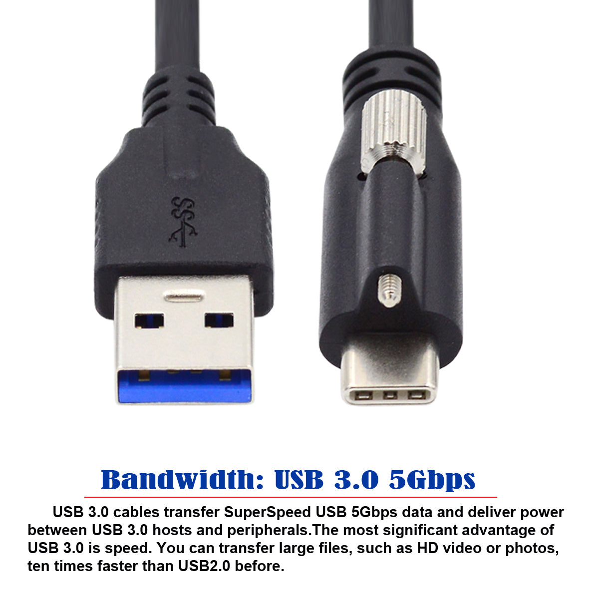 UC-045-4.9M 4.9m USB-A 3.0 Male to Type-C 3.1 Single Screw Locking Data Cable for Camera (without Chip, M2 Screw)