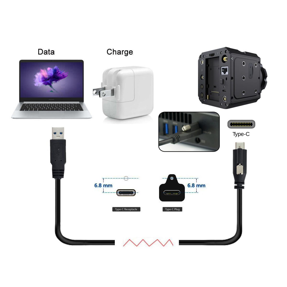 UC-045-4.9M 4.9m USB-A 3.0 Male to Type-C 3.1 Single Screw Locking Data Cable for Camera (without Chip, M2 Screw)