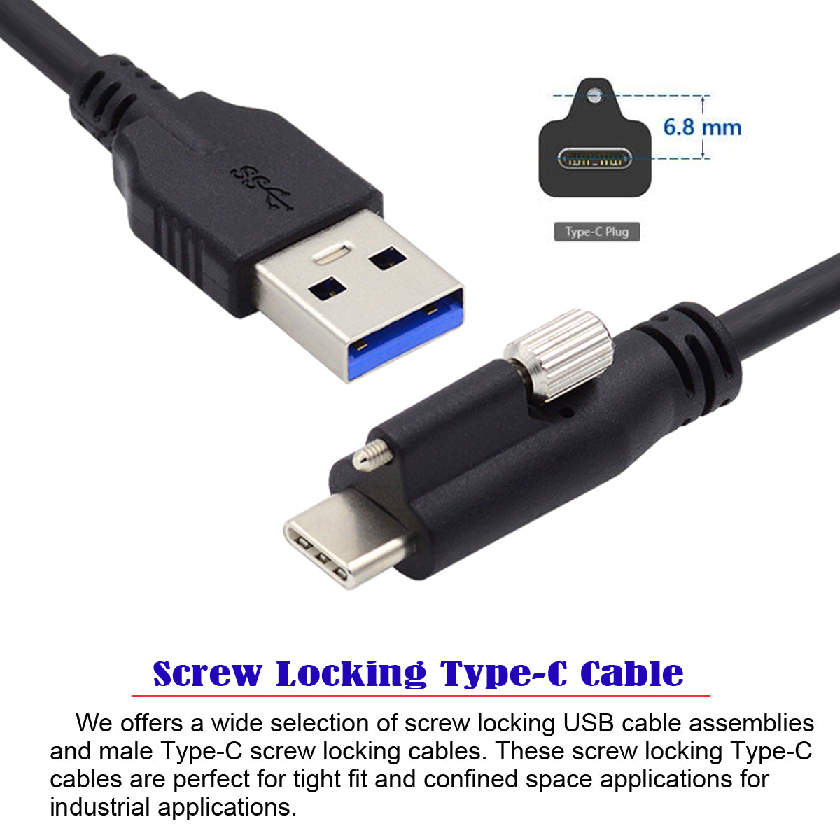 UC-045-4.9M 4.9m USB-A 3.0 Male to Type-C 3.1 Single Screw Locking Data Cable for Camera (without Chip, M2 Screw)