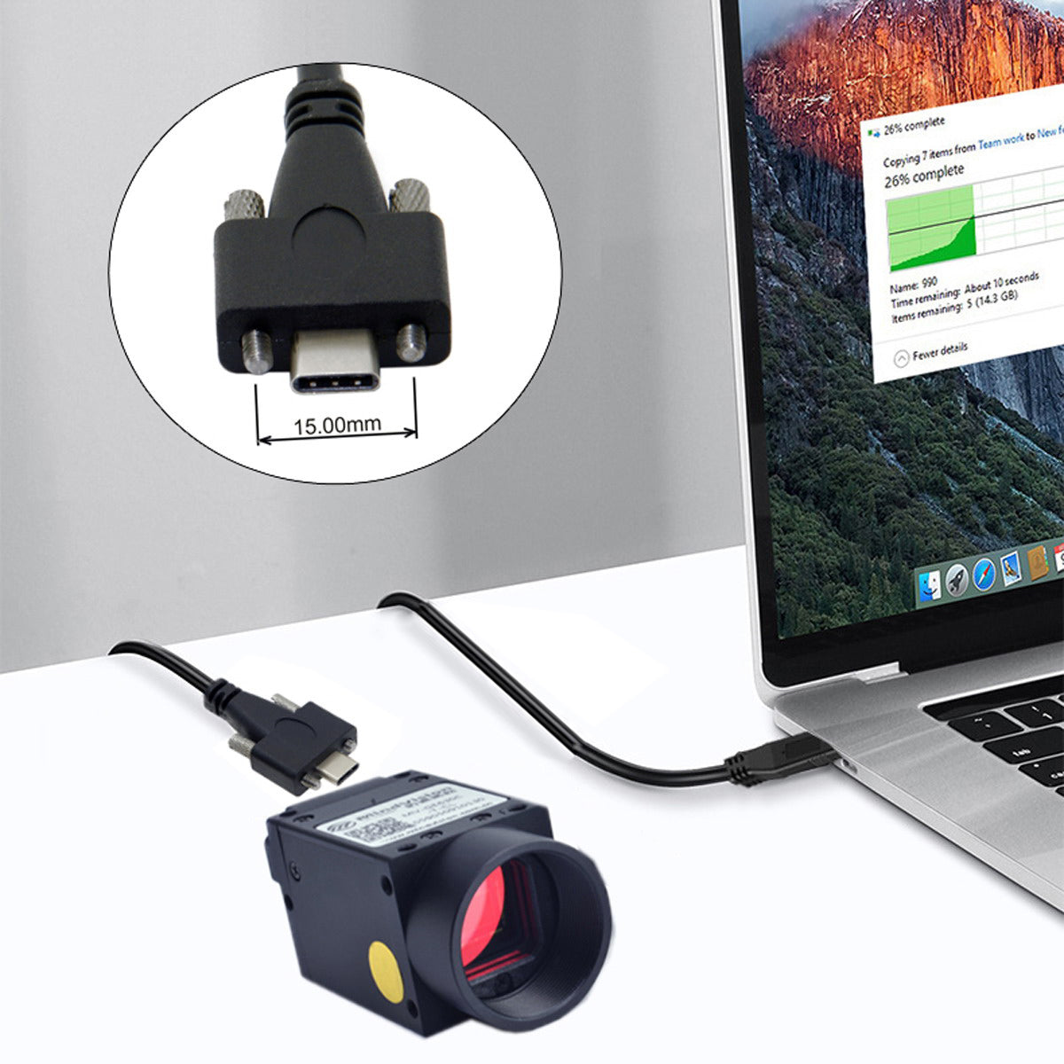 UC-048-4.9M 4.9m USB-A 3.0 Male to Type-C 3.1 Dual Screw Locking 22AWG Data Cable for Camera (without Chip, M2 Screw)