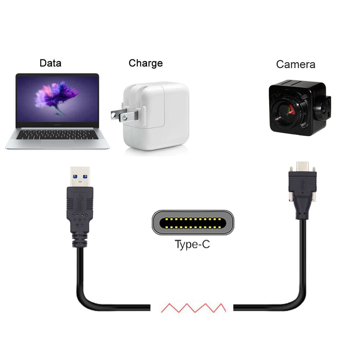 UC-048-4.9M 4.9m USB-A 3.0 Male to Type-C 3.1 Dual Screw Locking 22AWG Data Cable for Camera (without Chip, M2 Screw)