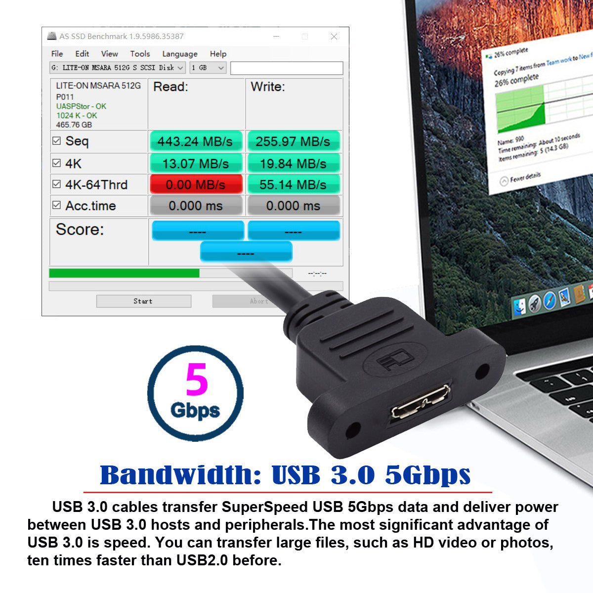 U3-083-AM 50cm Type-A USB 3.0 Male to Micro 3.0 Type-B Female Converter 5Gbps Screw Mount Type Extension Cable
