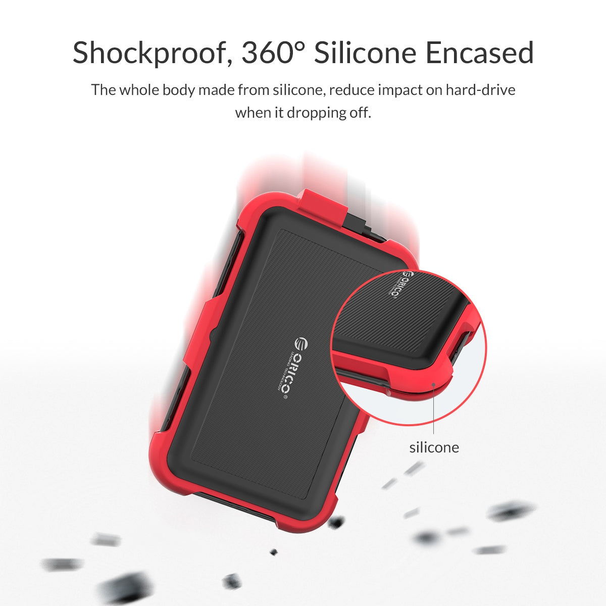 ORICO 2799U3 2.5 inch Triple-Protection HDD Enclosure Solid State Hard Driver Box IP64 Waterproof Silicone Hard Disk Case Support 5Gbps Transmission/Auto Sleep Function