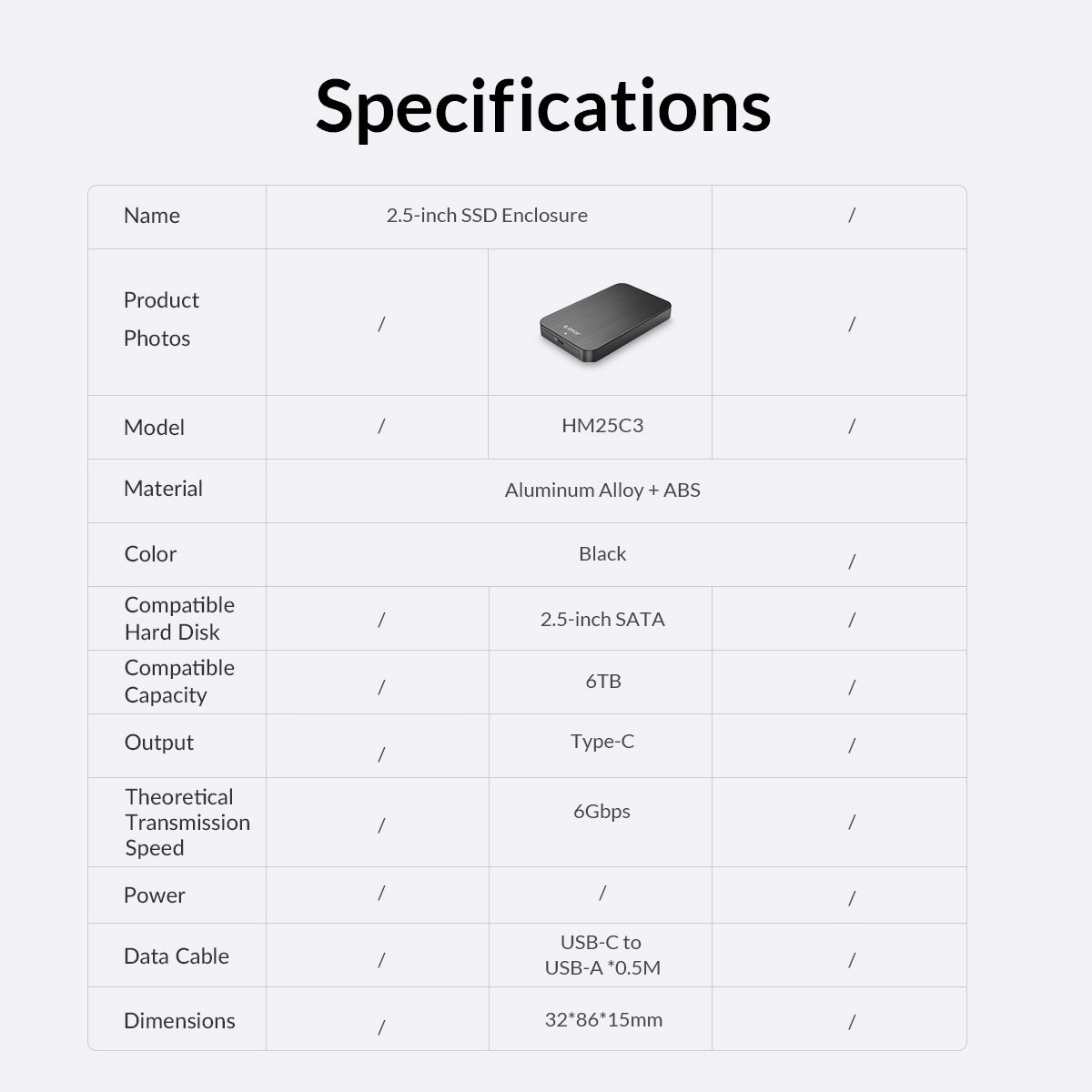 Uniqkart-HM25C3 HDD SSD Case 2.5-inch SATA Hard Drive Enclosure Computer External Hard Disk Box
