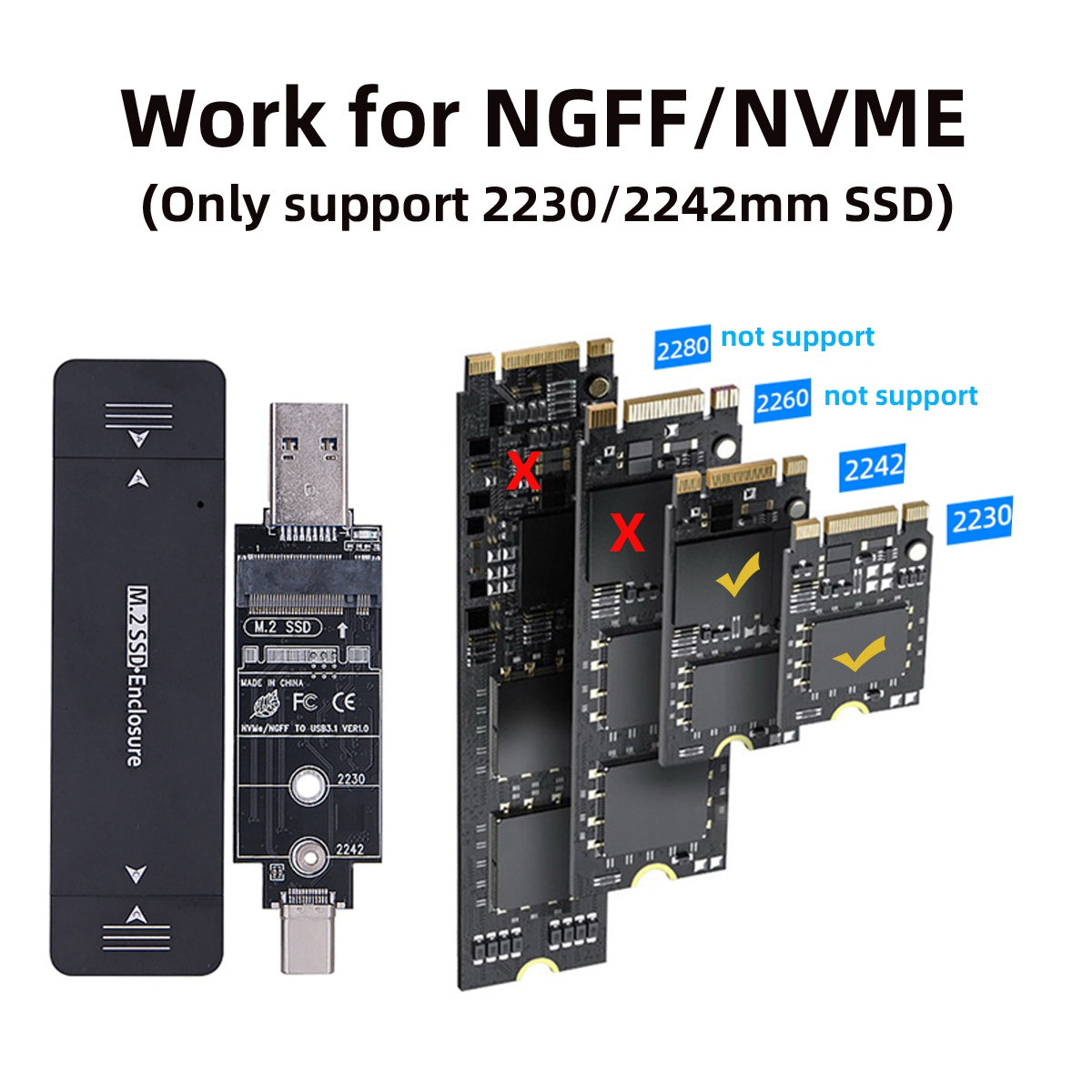 UC-057 Type-C &amp; USB3.0 to NVME M-Key M.2 NGFF SATA SSD PCBA Case 2230 / 2242mm Adapter RTL9210B Chipset