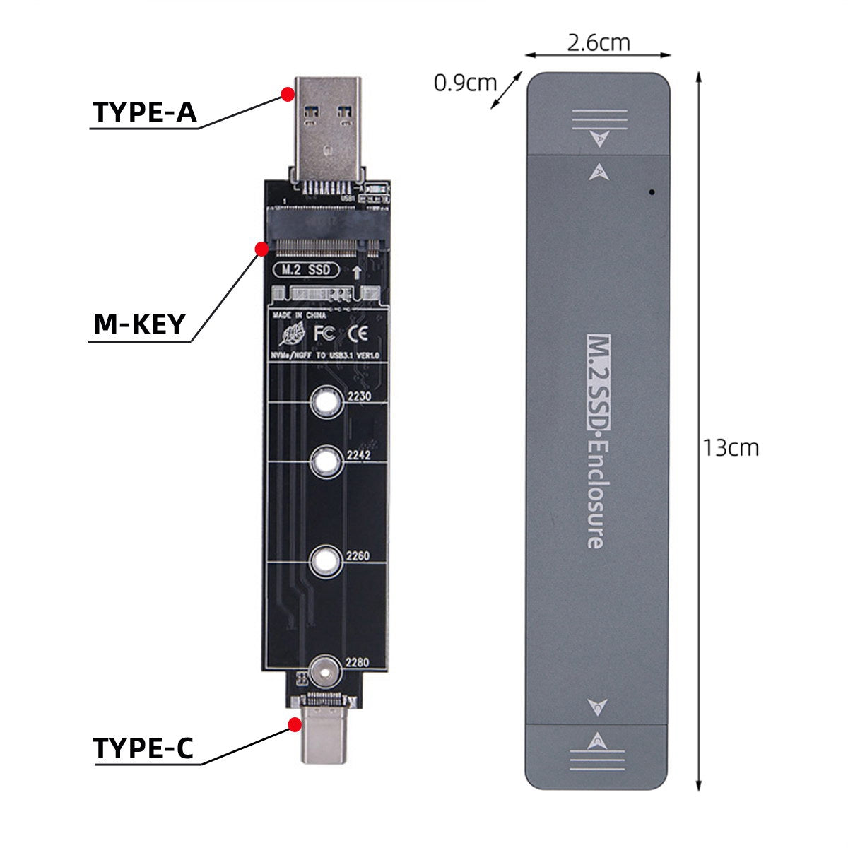 UC-057-2280MM Combo Type-C + USB3.0 to NVME M-key M.2 NGFF SATA SSD PCBA Case 2280 / 2242 / 2230mm RTL9210B Chipset