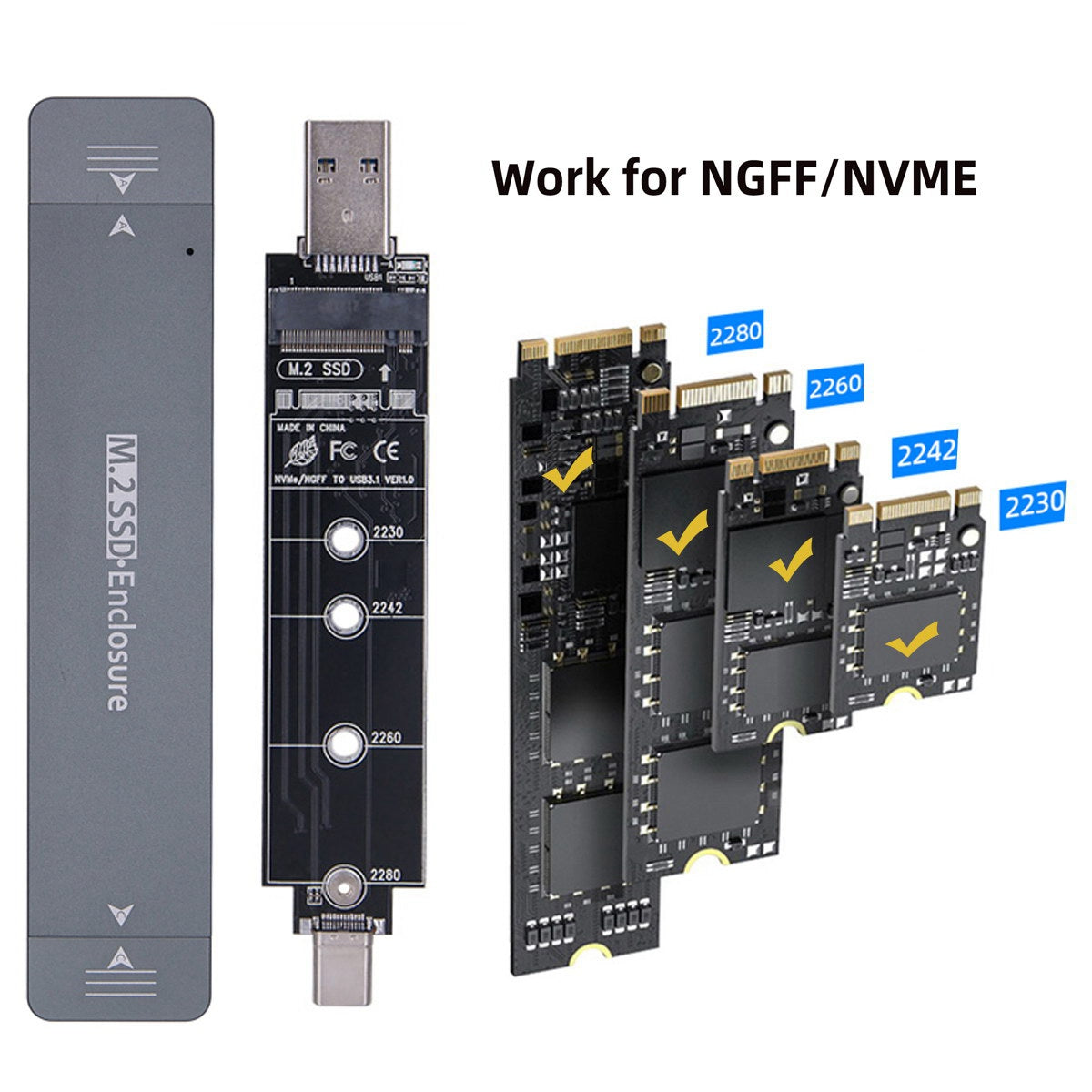 UC-057-2280MM Combo Type-C + USB3.0 to NVME M-key M.2 NGFF SATA SSD PCBA Case 2280 / 2242 / 2230mm RTL9210B Chipset