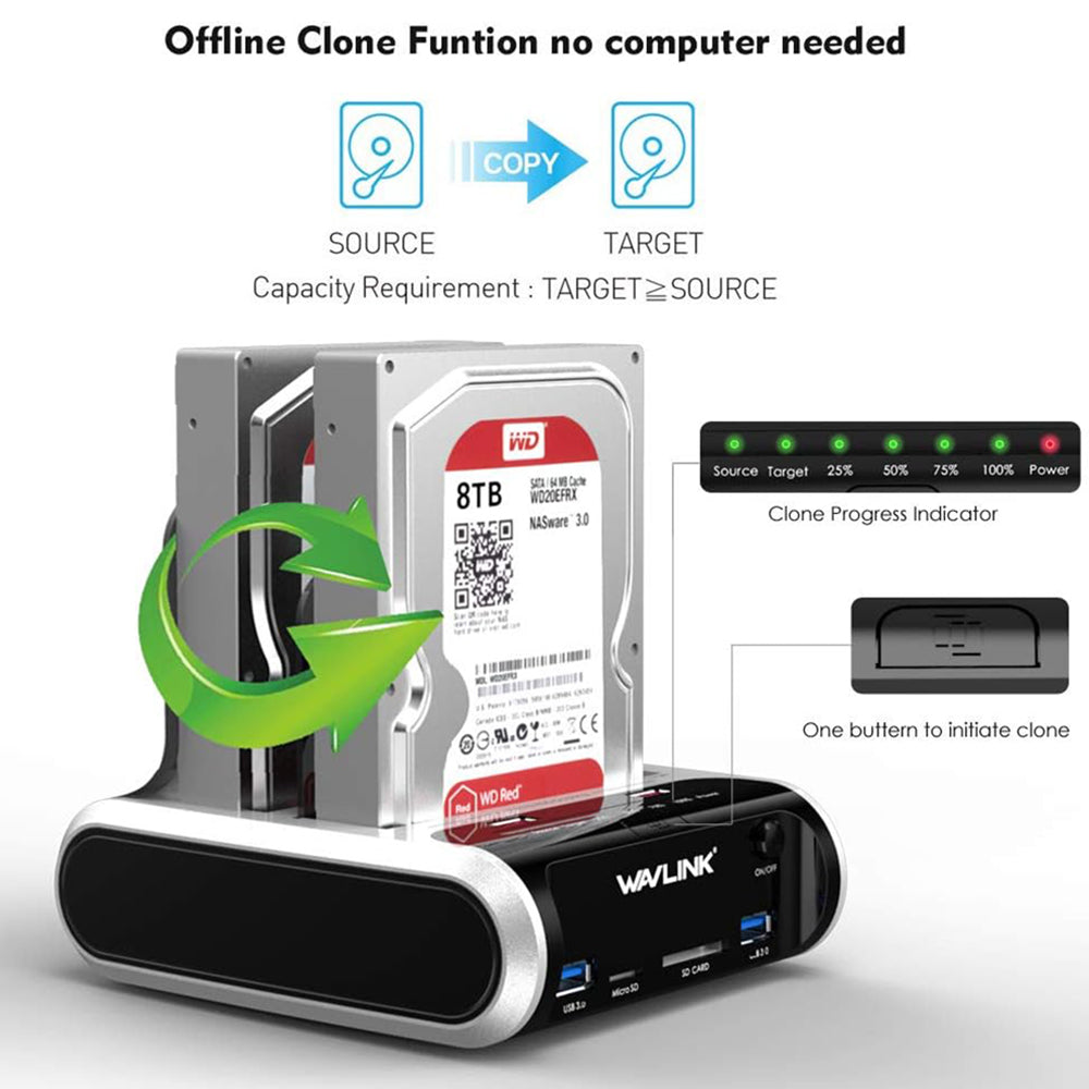 Uniqkart ST336A Dual Bay External Hard Drive Docking Station 2.5  / 3.5 inch SATA HDD with Offline Clone Function - UK Plug