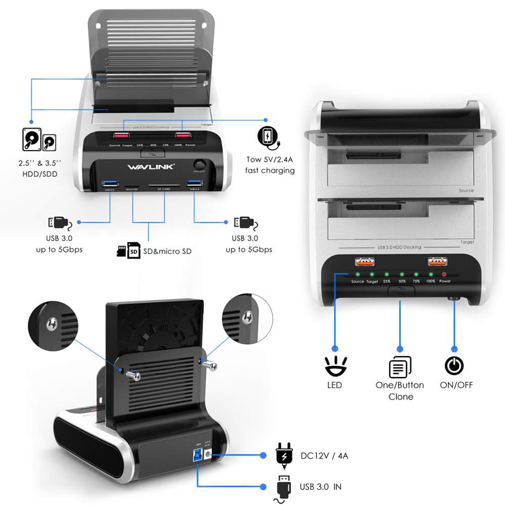 Uniqkart ST336A Dual Bay External Hard Drive Docking Station 2.5  / 3.5 inch SATA HDD with Offline Clone Function - UK Plug