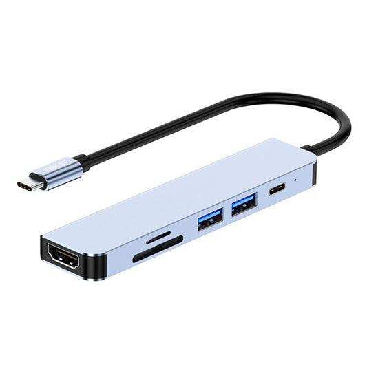 6-In-1 USB-C Adapter Dock Station Type-C Hub to 4K HD Video Output+PD Port+2xMemory Card Reader Slots+USB 2.0+USB 3.0 Compatible for Laptops and Other Type C Devices