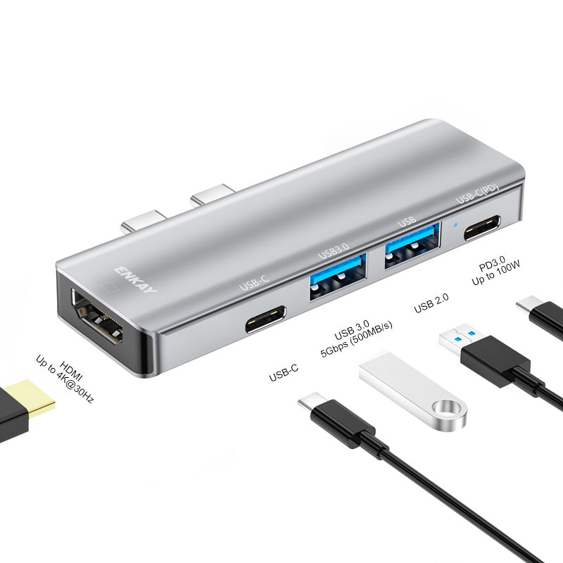 Dual Type-C Ports Docking Station USB-C Hub to USB3.0+USB2.0+USB-C+HD 4K+PD Charging Adapter for MacBook Pro / Air