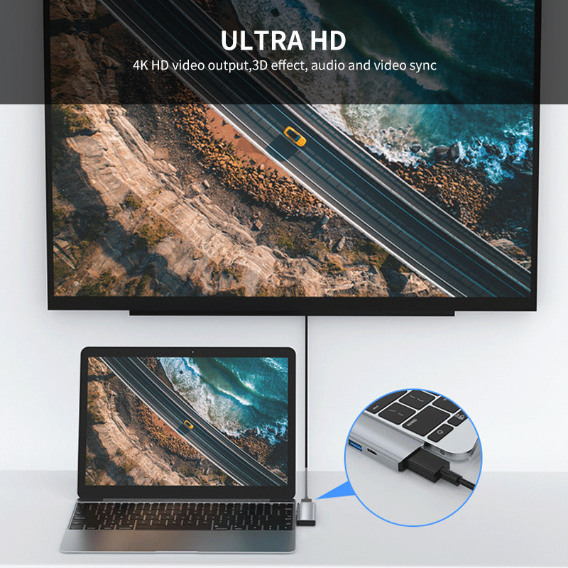 Dual Type-C Ports Docking Station USB-C Hub to USB3.0+USB2.0+USB-C+HD 4K+PD Charging Adapter for MacBook Pro / Air