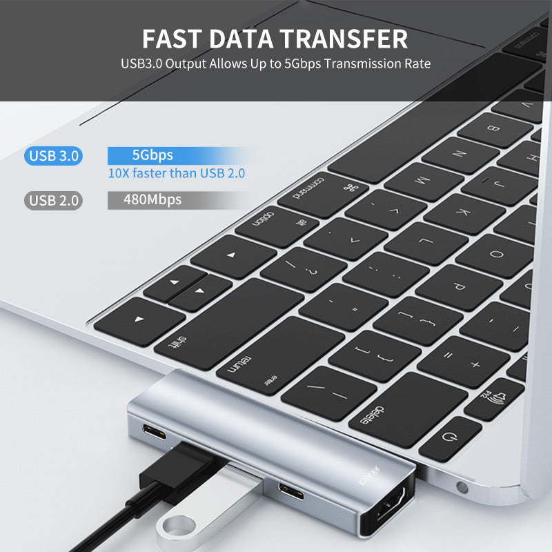 Dual Type-C Ports Docking Station USB-C Hub to USB3.0+USB2.0+USB-C+HD 4K+PD Charging Adapter for MacBook Pro / Air