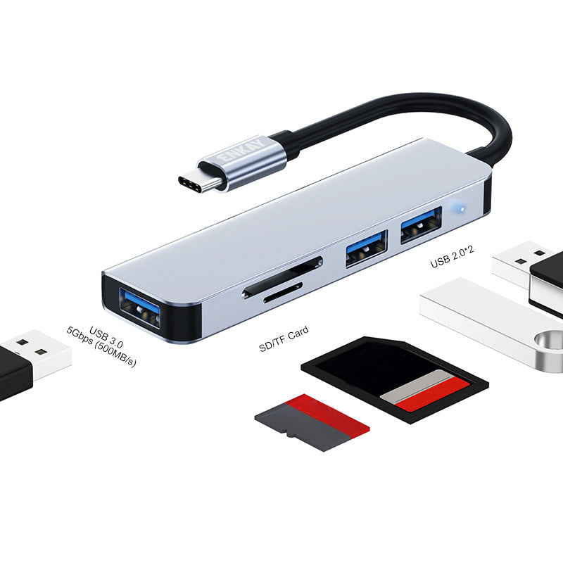 Type-C Hub Adapter 5-in-1 Multi-Port Converter to USB3.0 + 2xUSB2.0 + SD / TF Card Reader Compatible with Type-C Devices and OS Systems