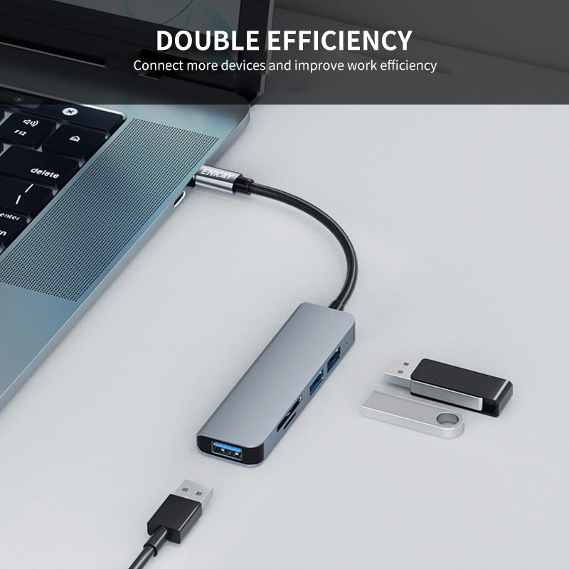 Type-C Hub Adapter 5-in-1 Multi-Port Converter to USB3.0 + 2xUSB2.0 + SD / TF Card Reader Compatible with Type-C Devices and OS Systems
