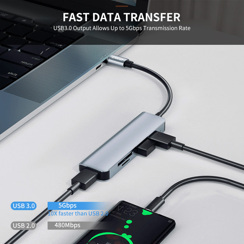 Type-C Hub Adapter 5-in-1 Multi-Port Converter to USB3.0 + 2xUSB2.0 + SD / TF Card Reader Compatible with Type-C Devices and OS Systems