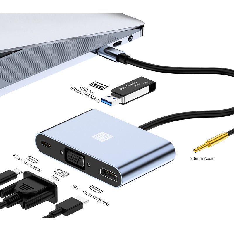 Uniqkart JSM-HUB012 Type-C Hub Adapter 5-in-1 USB-C Docking Station HD+VGA Splitter 4K HD Video 3.5mm Audio Multi-Port Converter