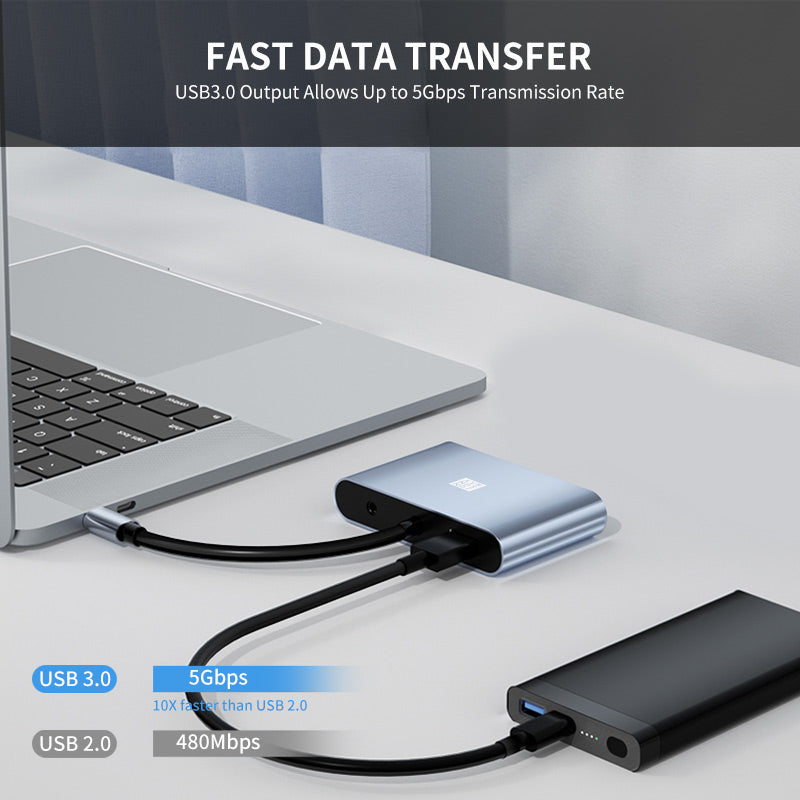 Uniqkart JSM-HUB012 Type-C Hub Adapter 5-in-1 USB-C Docking Station HD+VGA Splitter 4K HD Video 3.5mm Audio Multi-Port Converter