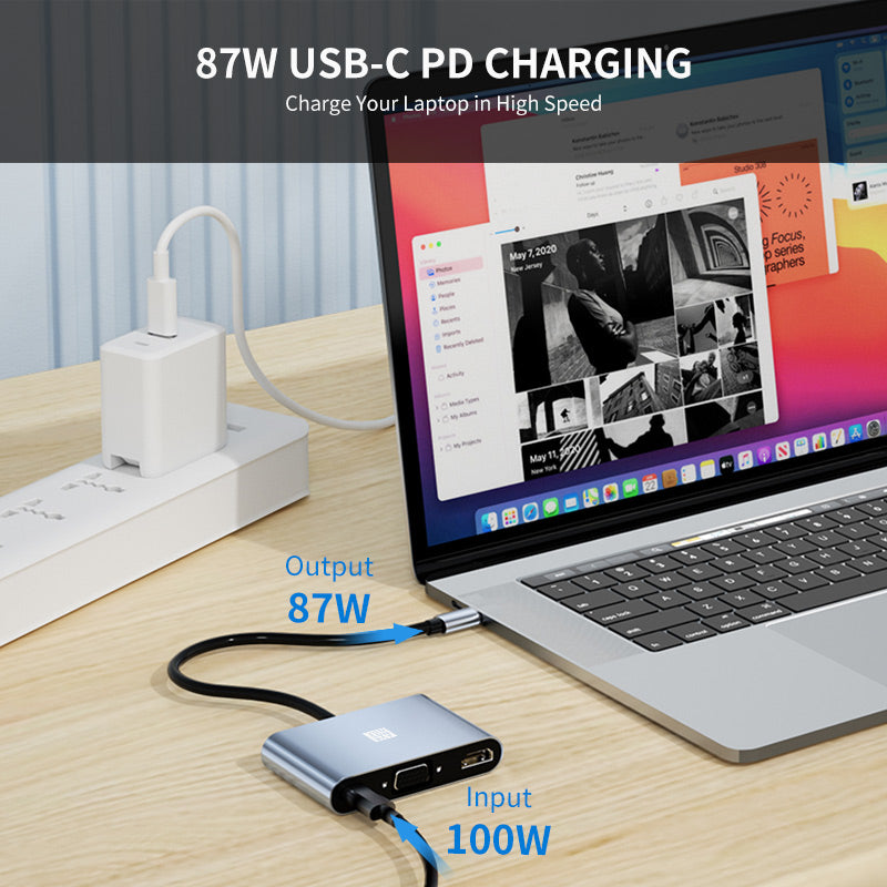 Uniqkart JSM-HUB012 Type-C Hub Adapter 5-in-1 USB-C Docking Station HD+VGA Splitter 4K HD Video 3.5mm Audio Multi-Port Converter