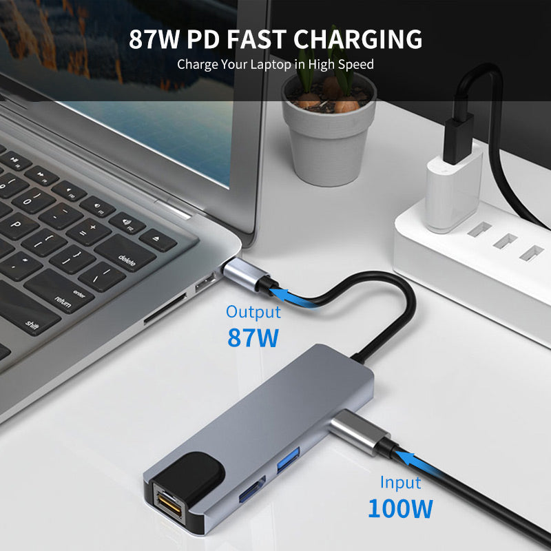 Uniqkart JSM-HUB009 Type-C Docking Station Support 100Mbps Ethernet 6-in-1 USB-C Splitter Adapter HD 4K HD Video Converter