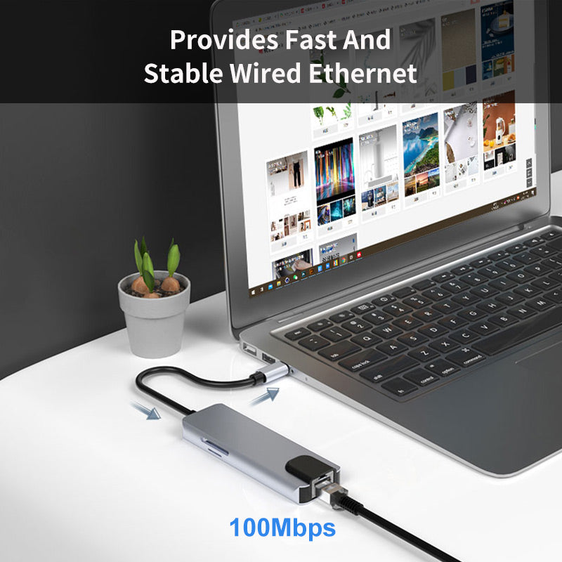 Uniqkart JSM-HUB009 Type-C Docking Station Support 100Mbps Ethernet 6-in-1 USB-C Splitter Adapter HD 4K HD Video Converter