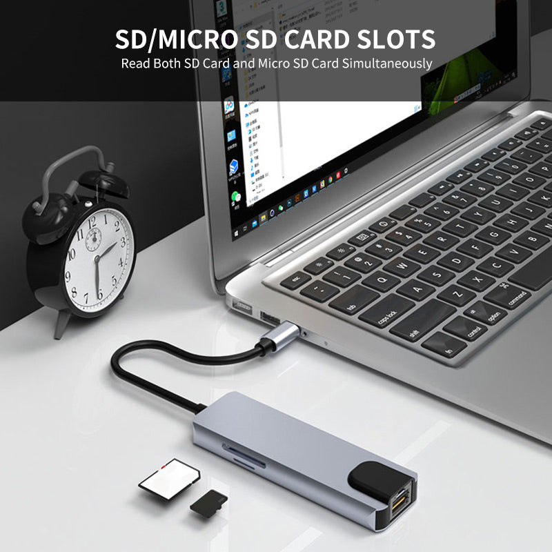 Uniqkart JSM-HUB009 Type-C Docking Station Support 100Mbps Ethernet 6-in-1 USB-C Splitter Adapter HD 4K HD Video Converter