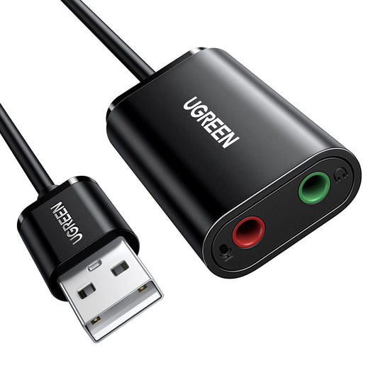 Uniqkart 30724 USB Audio Adapter External Stereo Audio Sound Card with 3.5mm Headphone Microphone Jack for Windows Mac Linux PC Laptop PS5 - Black