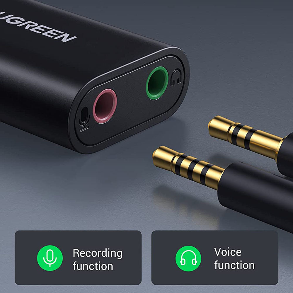 Uniqkart 30724 USB Audio Adapter External Stereo Audio Sound Card with 3.5mm Headphone Microphone Jack for Windows Mac Linux PC Laptop PS5 - Black