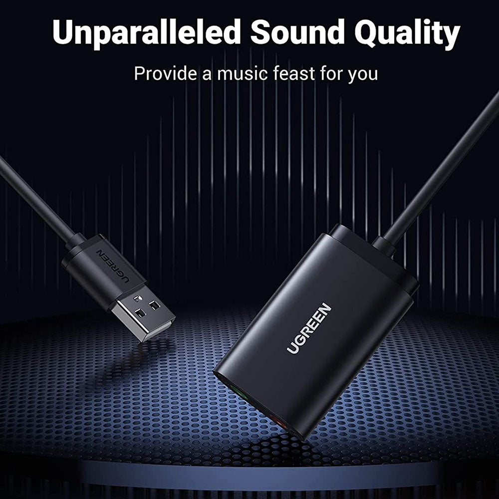 Uniqkart 30724 USB Audio Adapter External Stereo Audio Sound Card with 3.5mm Headphone Microphone Jack for Windows Mac Linux PC Laptop PS5 - Black
