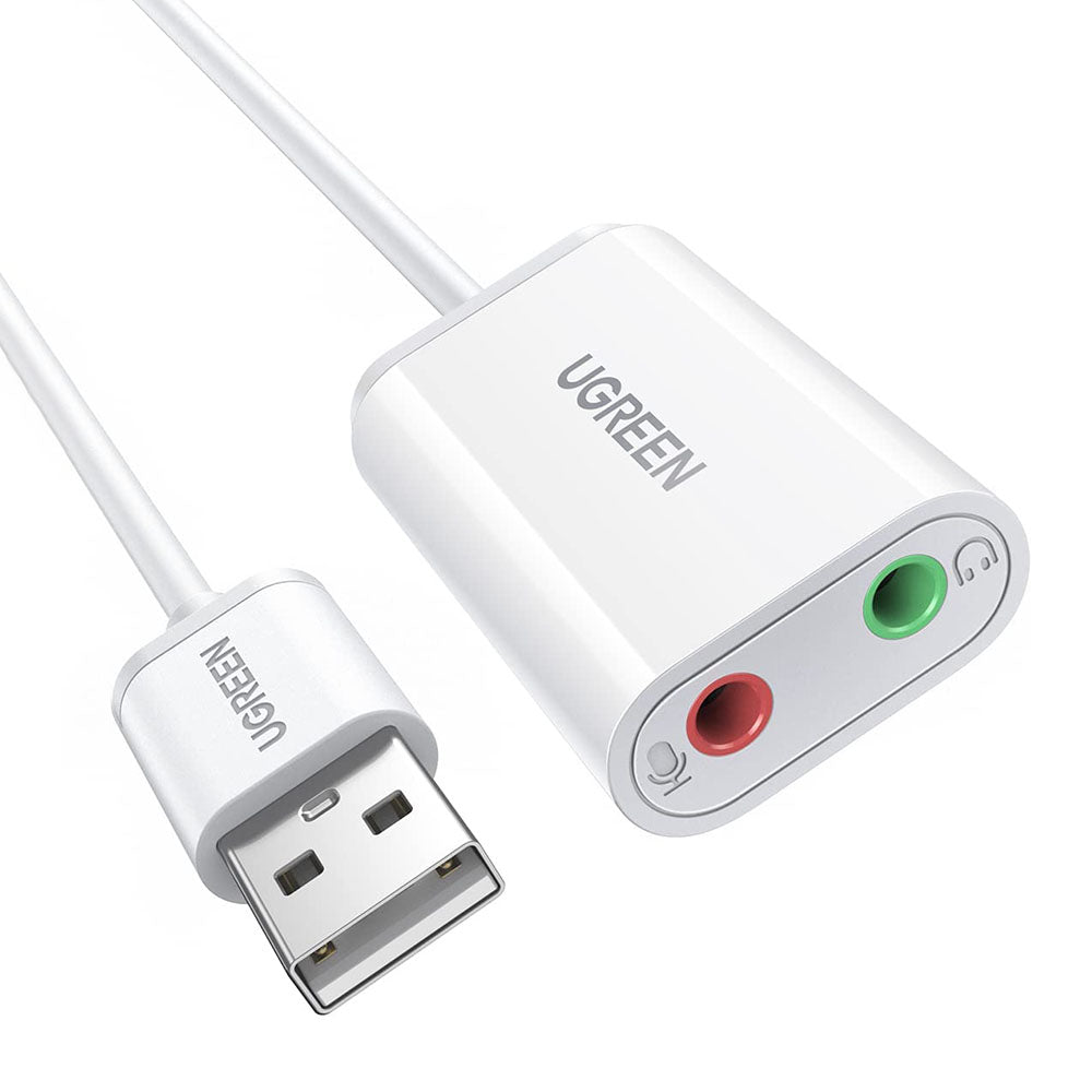 Uniqkart 30724 USB Audio Adapter External Stereo Audio Sound Card with 3.5mm Headphone Microphone Jack for Windows Mac Linux PC Laptop PS5 - White