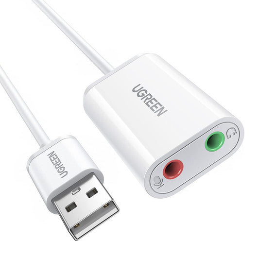 Uniqkart 30724 USB Audio Adapter External Stereo Audio Sound Card with 3.5mm Headphone Microphone Jack for Windows Mac Linux PC Laptop PS5 - White