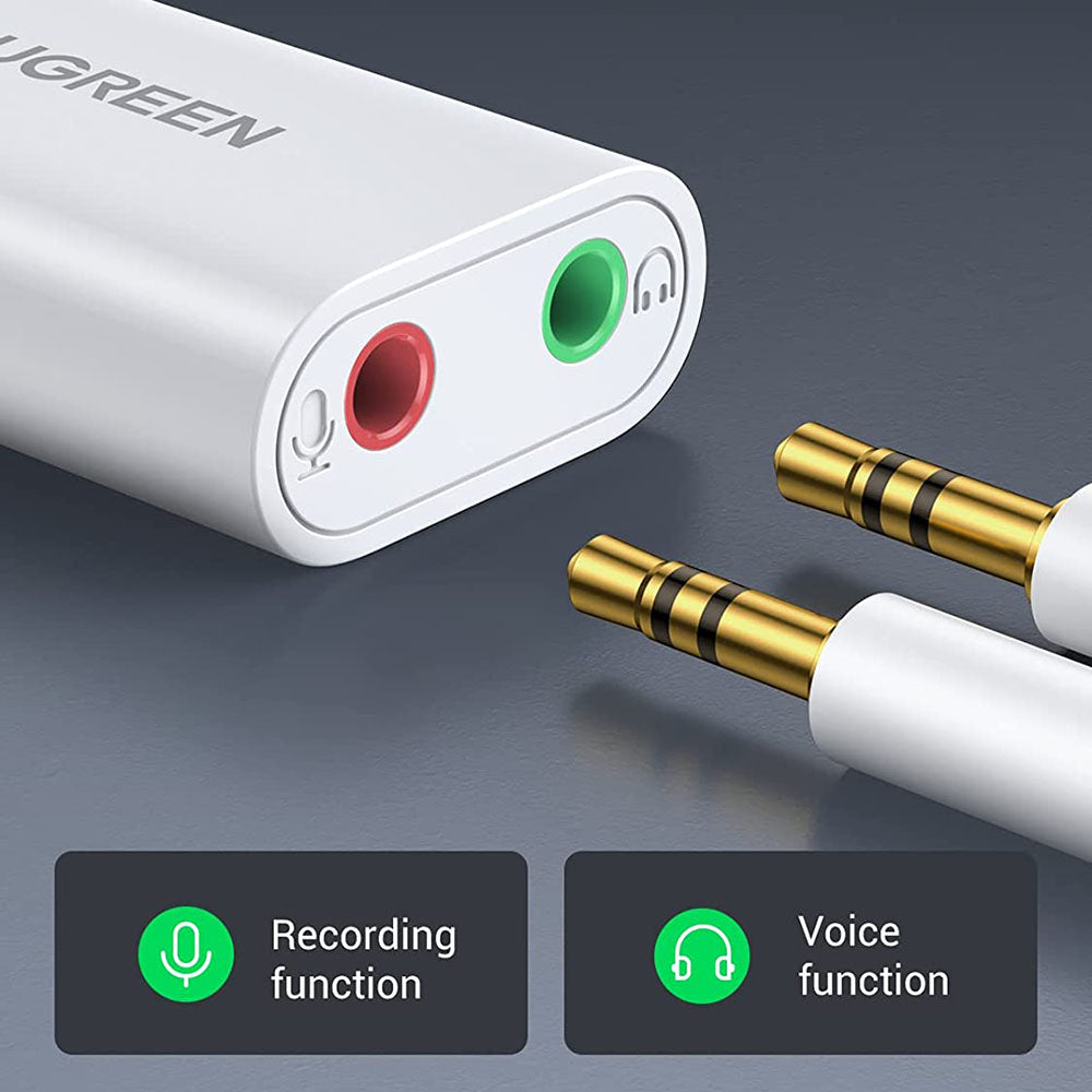 Uniqkart 30724 USB Audio Adapter External Stereo Audio Sound Card with 3.5mm Headphone Microphone Jack for Windows Mac Linux PC Laptop PS5 - White